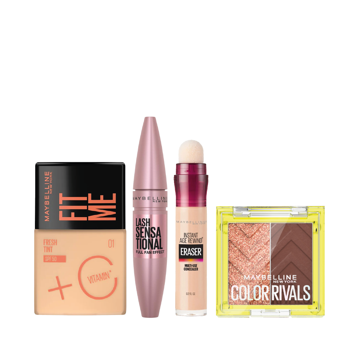 FIT ME FRESH TINT 01 SPF50 + LASH SENSATIONAL MASCARA + ERASER EYE CONCEALER LIGHT 01 + COLOR RIVAL SPICY SUAVE