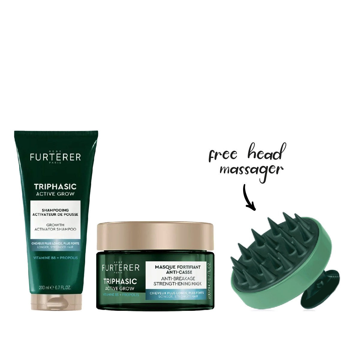 Rene Furtere Triphasic Shampoo 200ml + Mask 200ml+ FREE Scalp massager