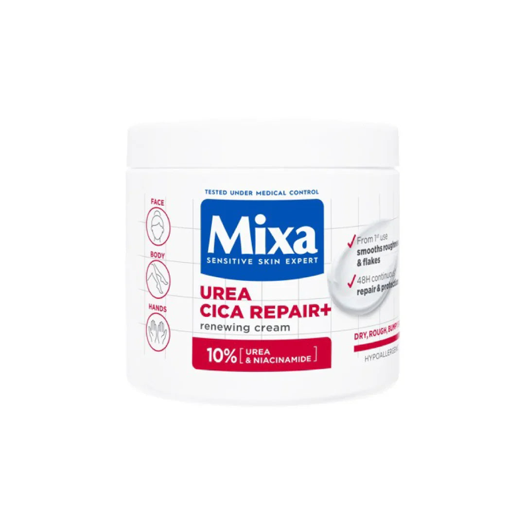 Mixa Urea Cica Repair Cream Jar - For Keratosis Pilaris, Dry Rough Fragile Skin & Tiny Reddish Bumps - For Face, Hands & Body 400ML