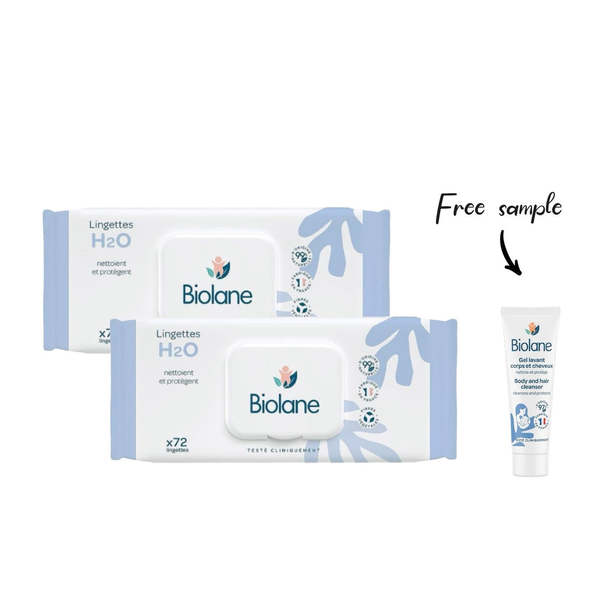 2x Biolane H2O Wipes 72s plus free sample