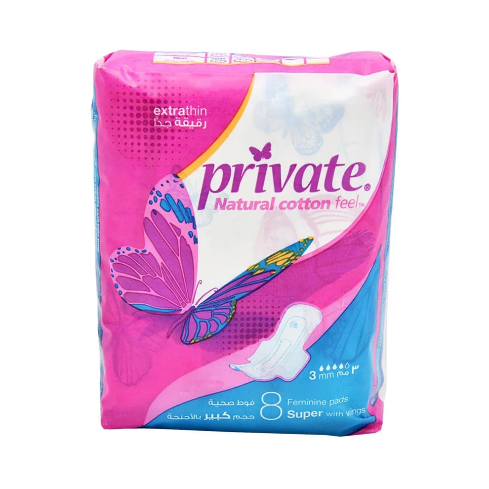 Private Natural Cotton Feel Super With Wings 8 Pads