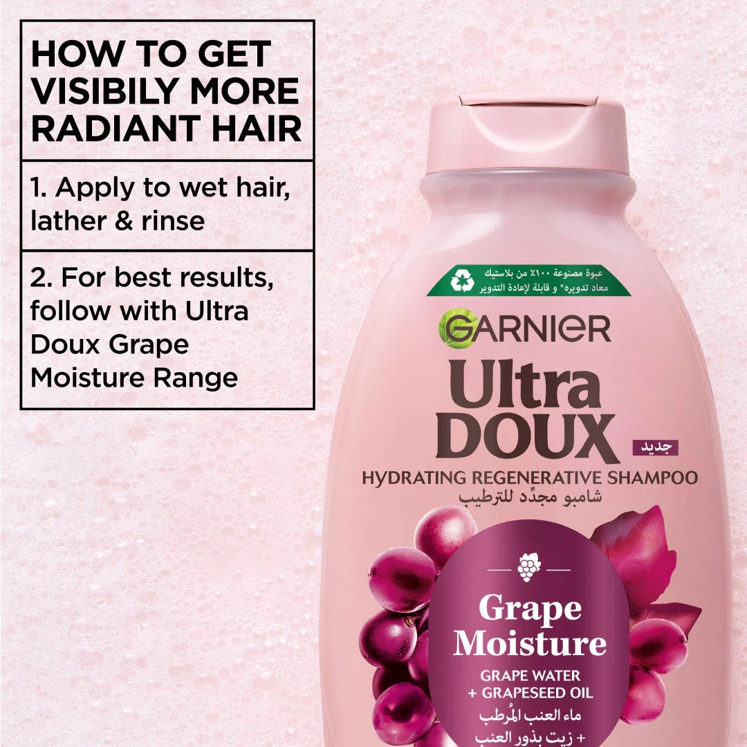 Garnier Ultra Doux Grape Moisture Hydrating Regenerative Shampoo for Dehydrated Hair With Hydrating Grape Water + Antioxidant Grapeseed Oil