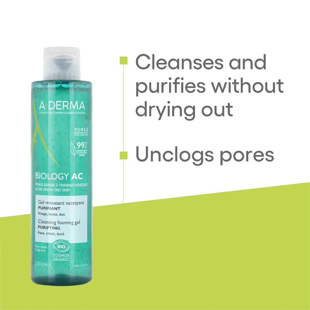 A-Derma Biology AC Mattifying Global Anti-blemish Treatment And Biology AC Purifying Foaming Gel Buy 1 Get 1 Pouch Bundle