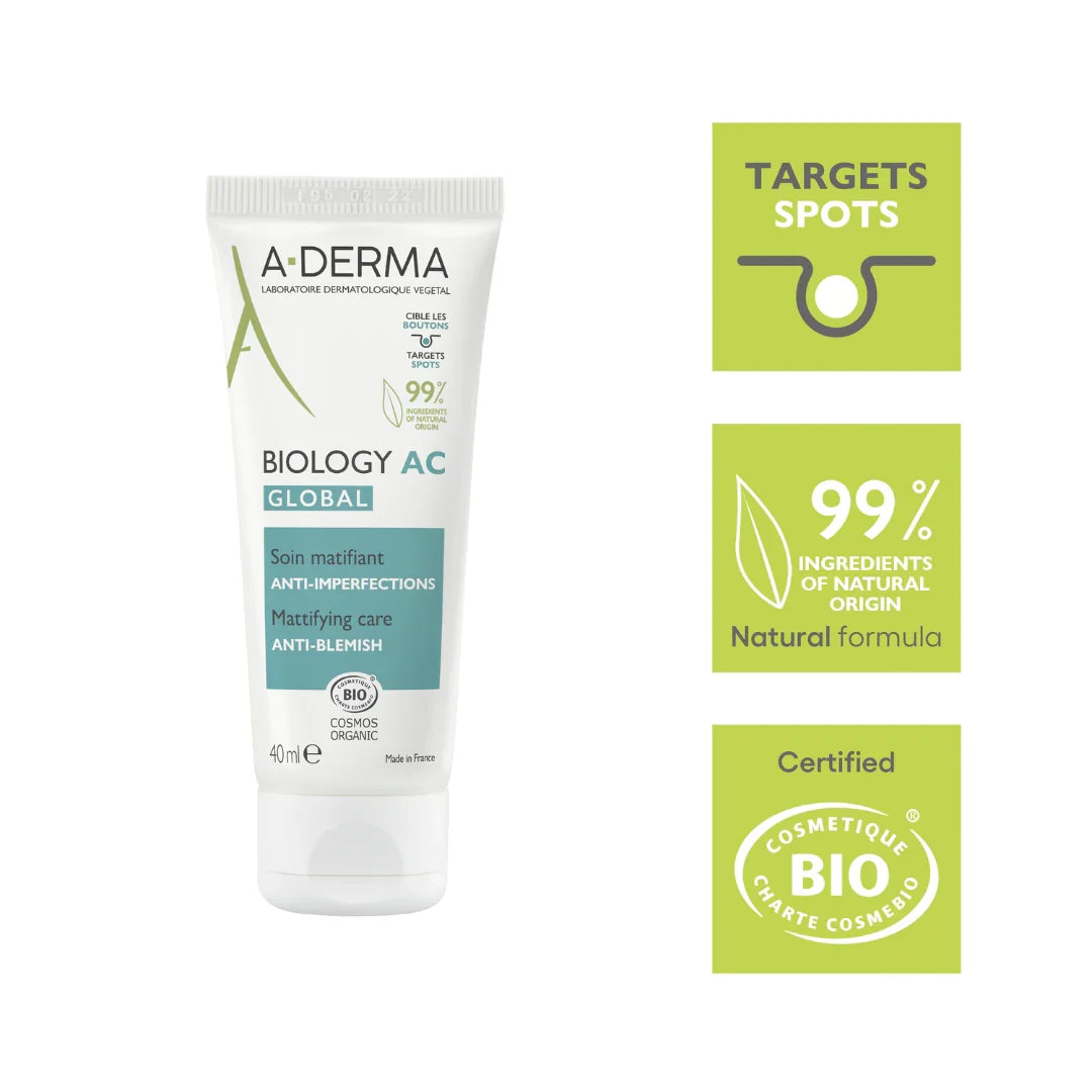 A-Derma Biology AC Mattifying Global Anti-blemish Treatment And Biology AC Purifying Foaming Gel Buy 1 Get 1 Pouch Bundle