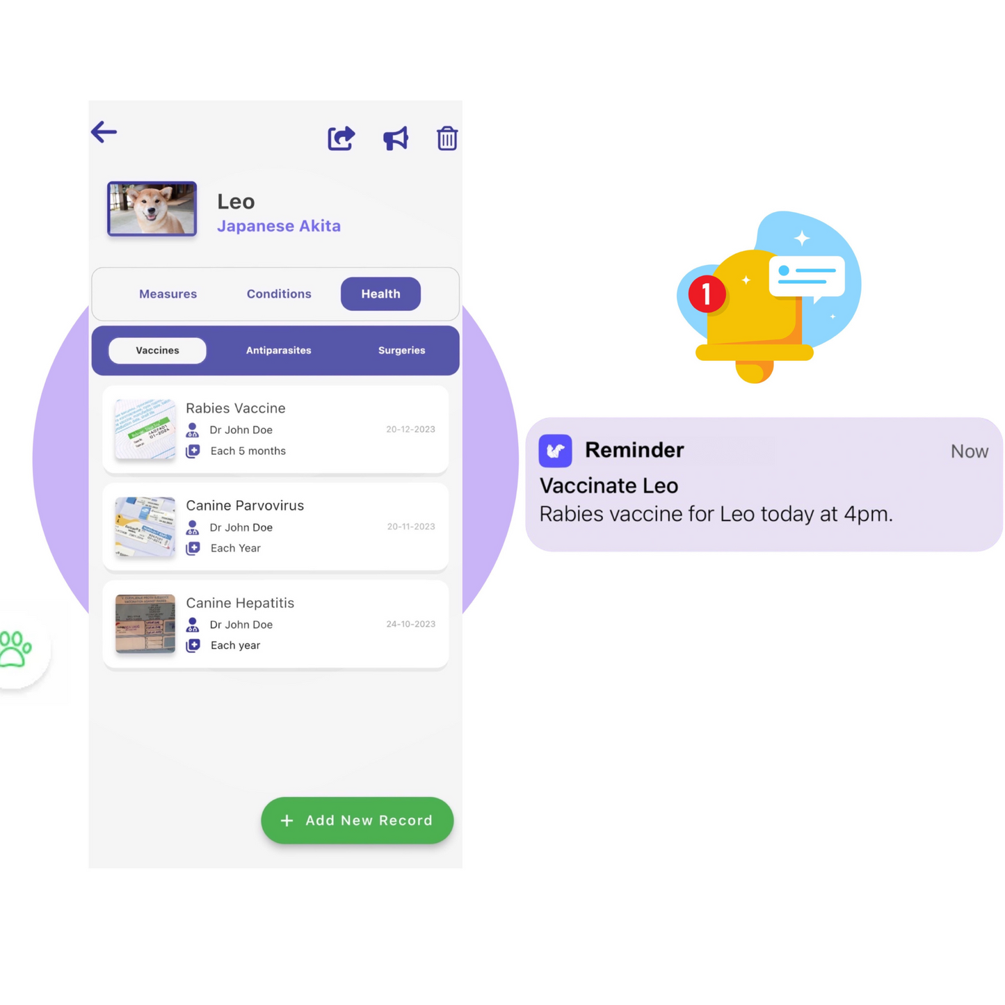 Pet (Dog or Cat) Mobile App Health Records Vaccine Reminders